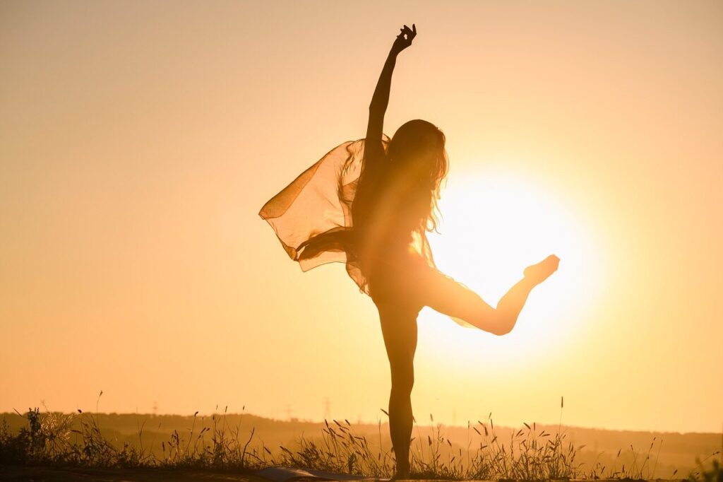 woman, silhouette, yoga, nature, pose, sunset, young woman, dance, sky, sun